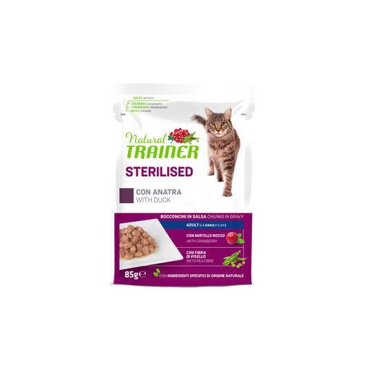 Natural Trainer Gatto Bocconcini in salsa Sterilised con Anatra (Kg/Size : 0,85) Formato convenienza 12 bustine