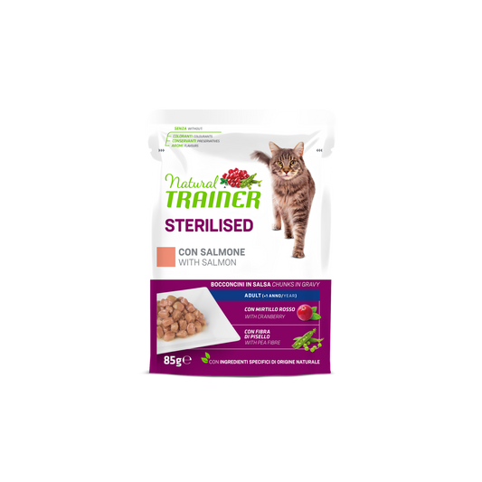 Natural Trainer Gatto Bocconcini in salsa Sterilised con Salmone (Kg/Size : 0,85) Formato convenienza 12 bustine (copia)