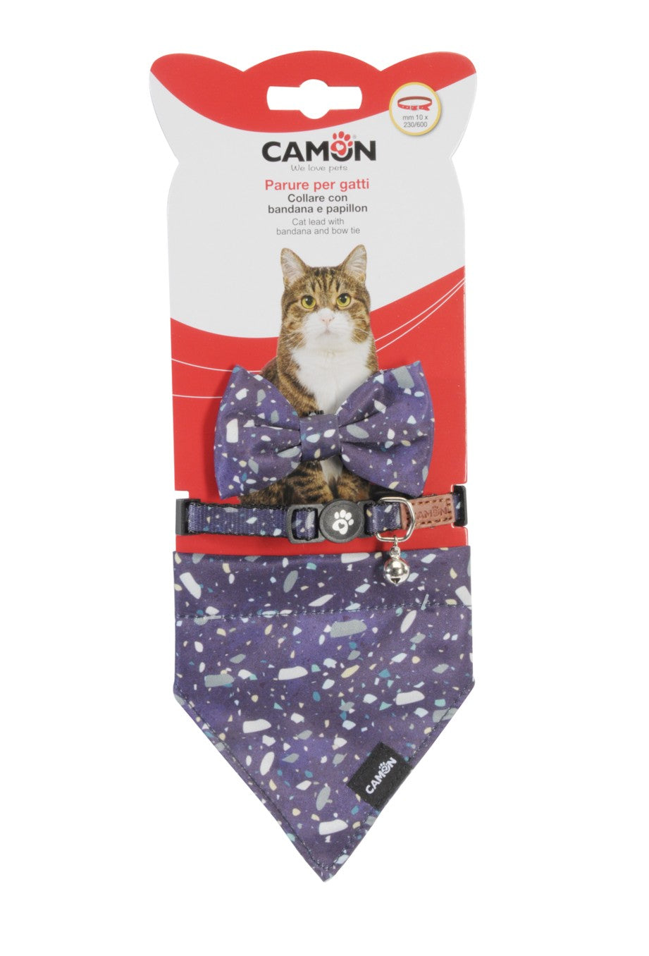 Camon Parure per gatti - collare con bandana e papillon - Blue (Mm/Size:10x230/600)