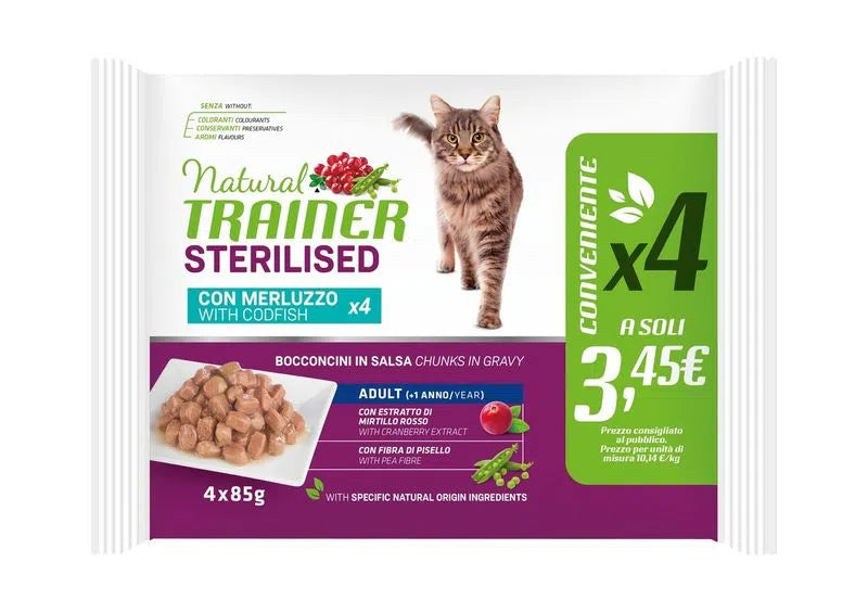 Trainer Natural Gatto Sterilized Merluzzo Flowpack  (Kg/Size:0,085) X4 FORMATO CONVENIENZA