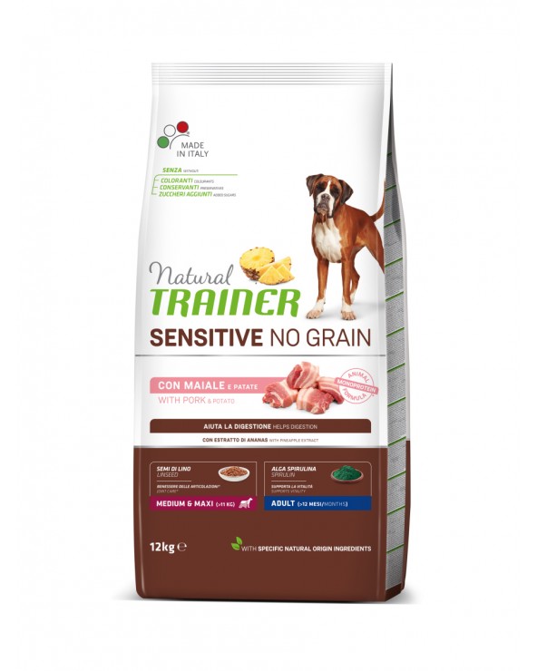 Natural Trainer Sensitive No Grain Adult Medium/Maxi con Maiale & Patate (Kg/Size:3)